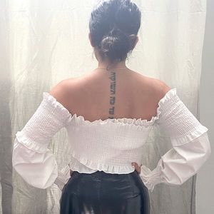 White off shoulder crinkle top bride outfit style